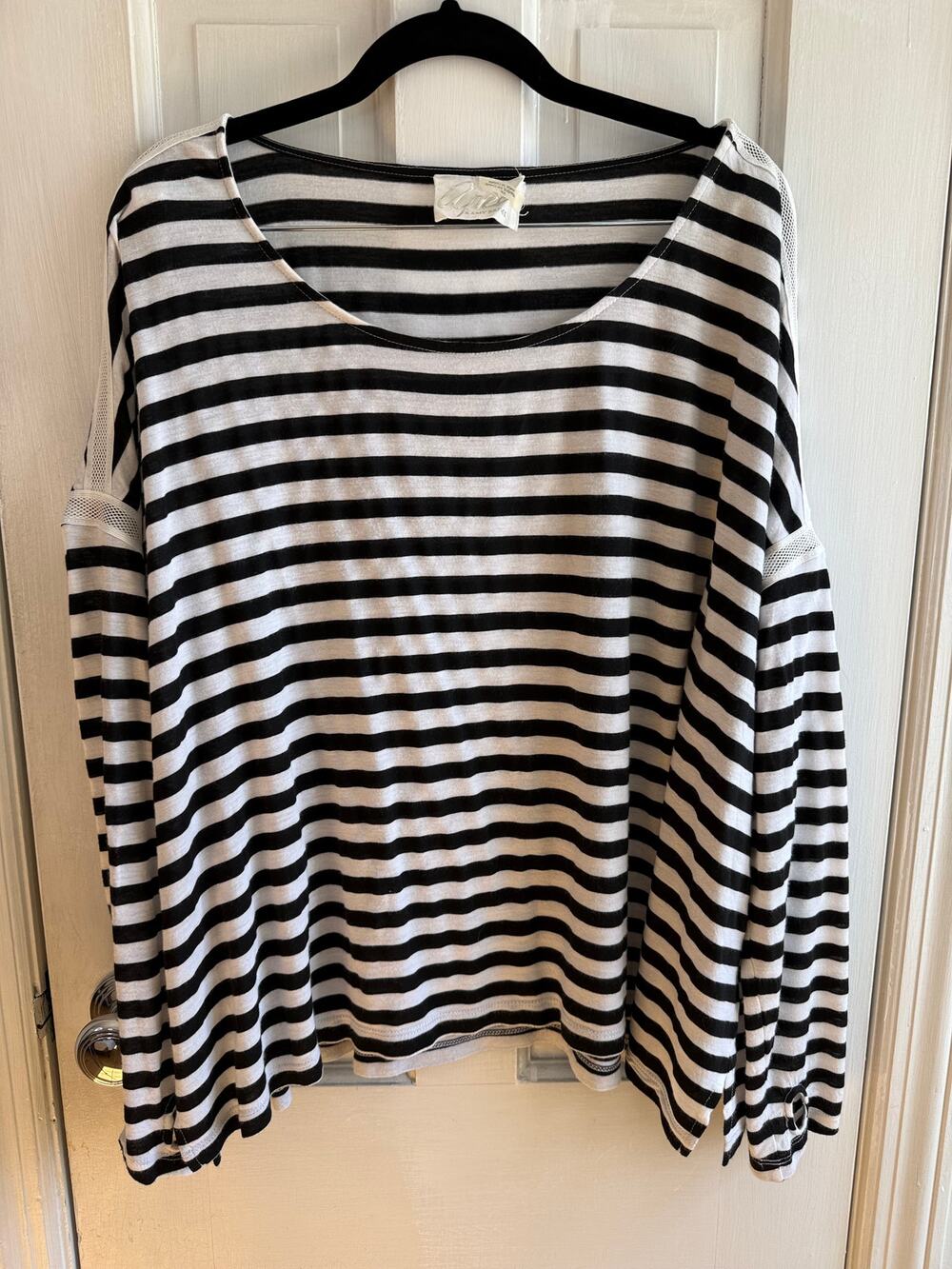 Ramy Brook Black & White Striped Mesh Long Sleeve Top - Size Small